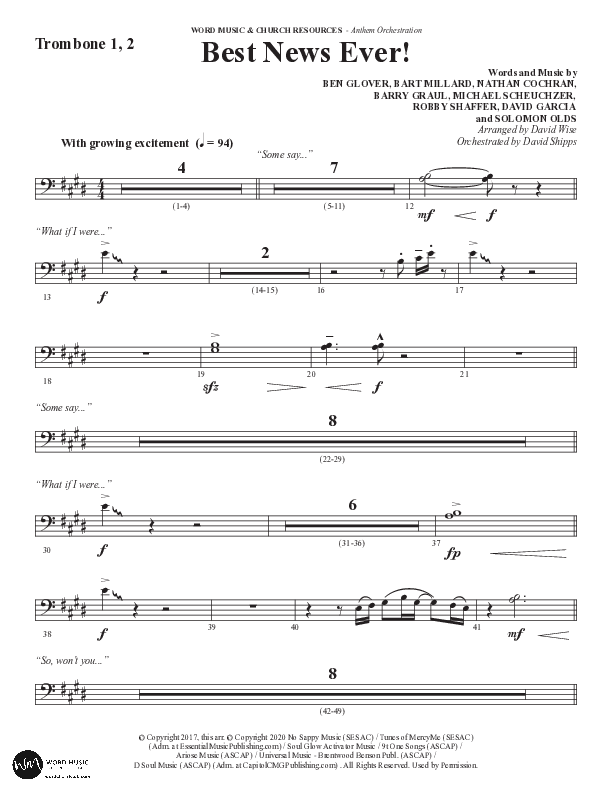Best News Ever (Choral Anthem SATB) Trombone 1/2 (Word Music / Arr. David Wise / Orch. David Shipps)