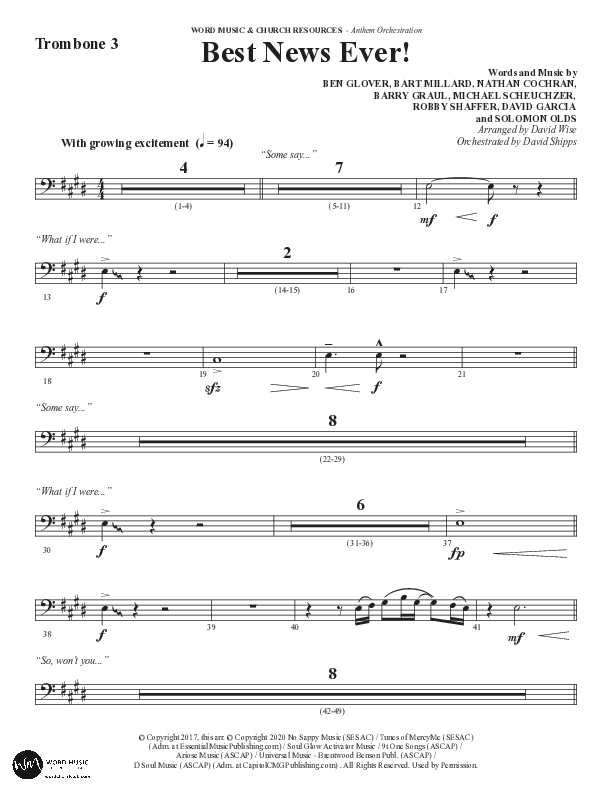 Best News Ever (Choral Anthem SATB) Trombone 3 (Word Music / Arr. David Wise / Orch. David Shipps)