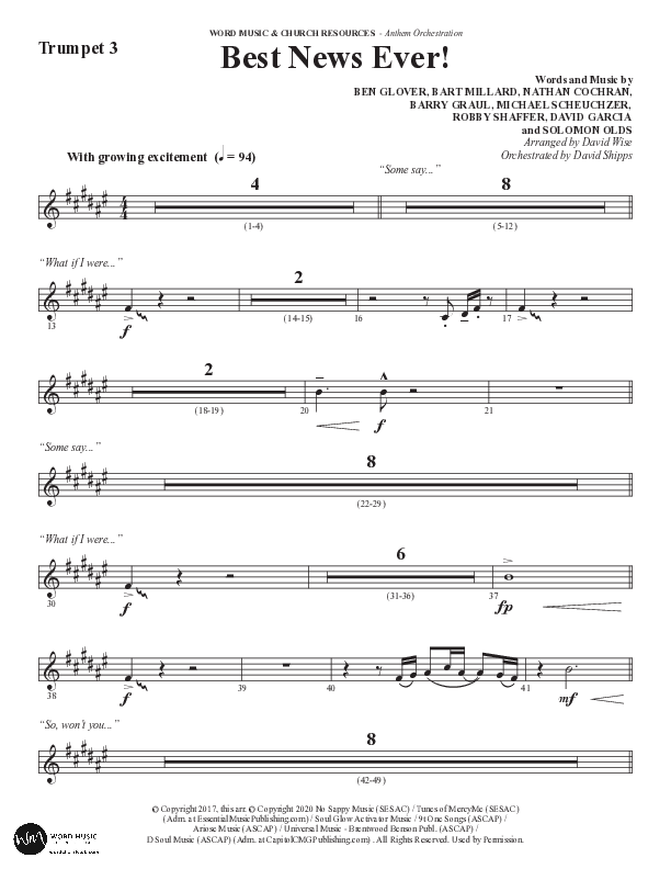 Best News Ever (Choral Anthem SATB) Trumpet 3 (Word Music / Arr. David Wise / Orch. David Shipps)