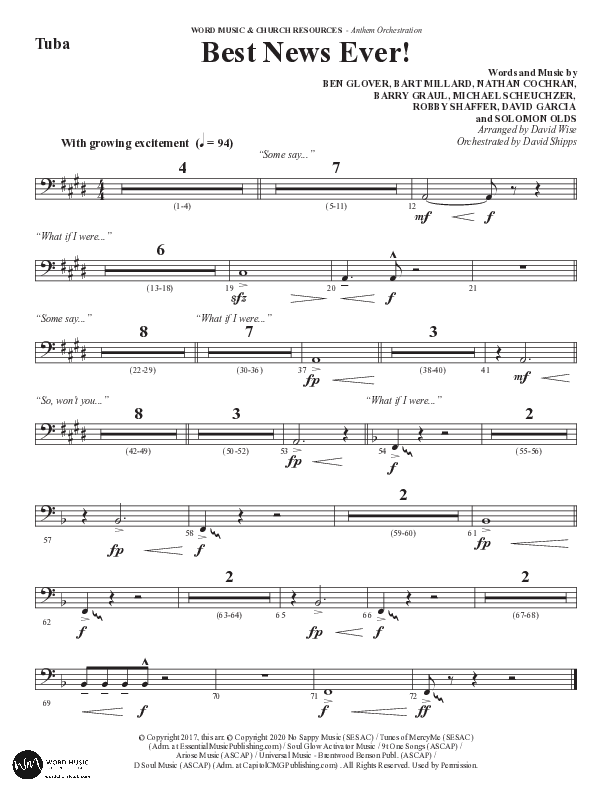 Best News Ever (Choral Anthem SATB) Tuba (Word Music / Arr. David Wise / Orch. David Shipps)