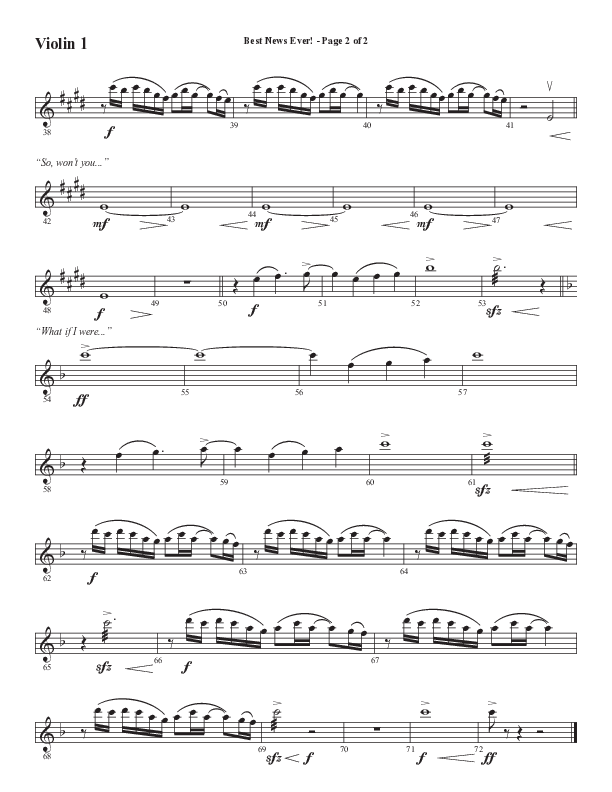 Best News Ever (Choral Anthem SATB) Violin 1 (Word Music / Arr. David Wise / Orch. David Shipps)