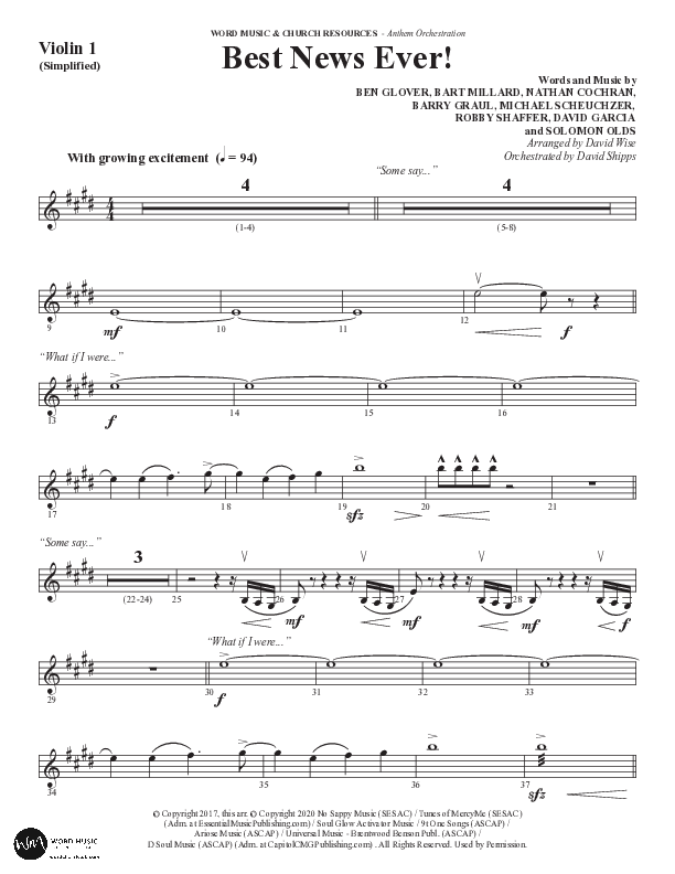 Best News Ever (Choral Anthem SATB) Violin 1 (Word Music / Arr. David Wise / Orch. David Shipps)