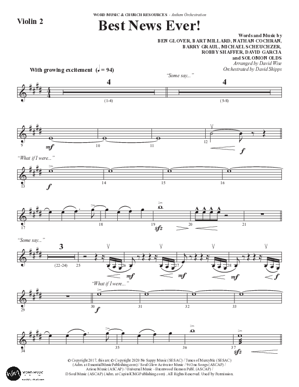 Best News Ever (Choral Anthem SATB) Violin 2 (Word Music / Arr. David Wise / Orch. David Shipps)