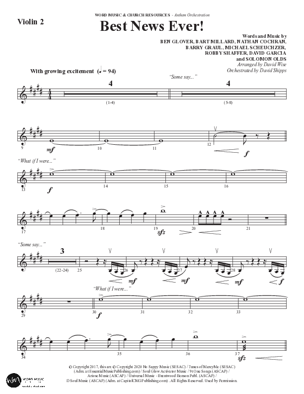 Best News Ever (Choral Anthem SATB) Violin 2 (Word Music / Arr. David Wise / Orch. David Shipps)