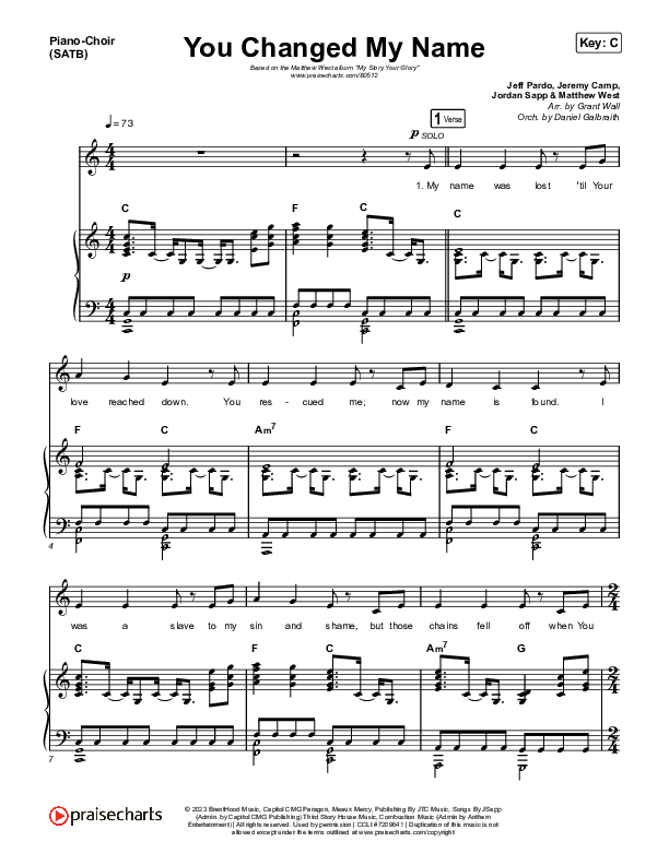 You Changed My Name Piano/Vocal (SATB) (Matthew West)