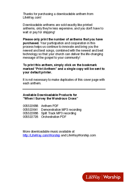 When I Survey The Wondrous Cross (Choral Anthem SATB) Anthem (SATB/Piano) (Lifeway Choral / Arr. Richard Kingsmore)