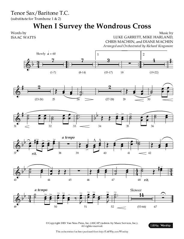 When I Survey The Wondrous Cross (Choral Anthem SATB) Tenor Sax/Baritone T.C. (Lifeway Choral / Arr. Richard Kingsmore)