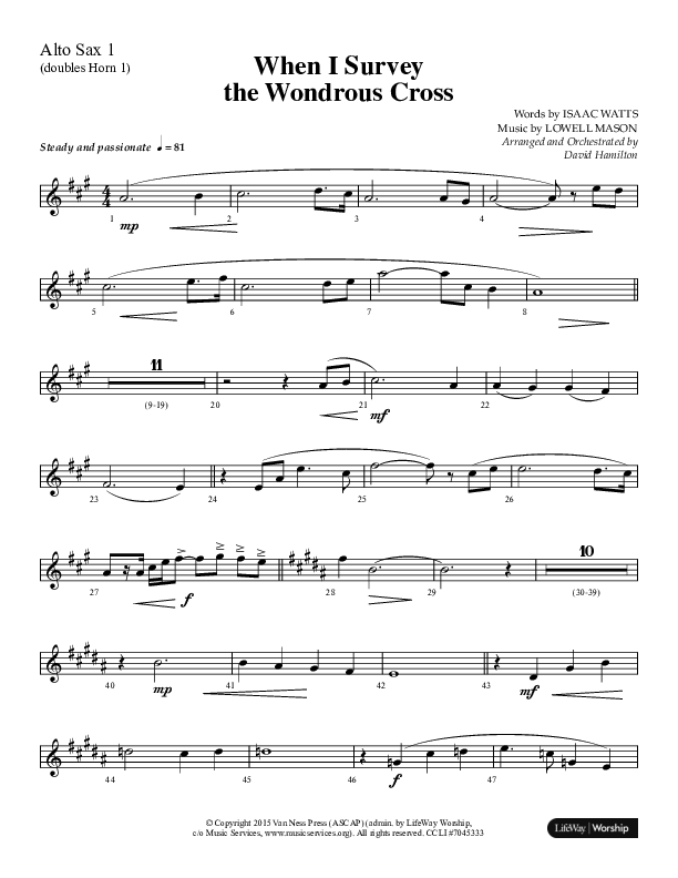 When I Survey The Wondrous Cross (Choral Anthem SATB) Alto Sax (Lifeway Choral / Arr. David Hamilton)