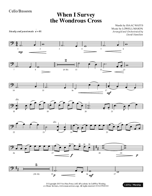 When I Survey The Wondrous Cross (Choral Anthem SATB) Cello (Lifeway Choral / Arr. David Hamilton)