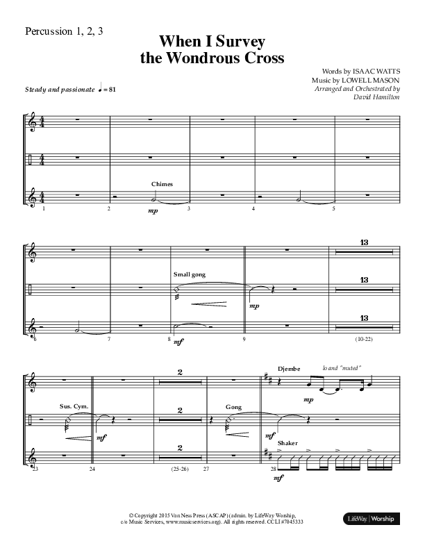 When I Survey The Wondrous Cross (Choral Anthem SATB) Percussion 1/2 (Lifeway Choral / Arr. David Hamilton)