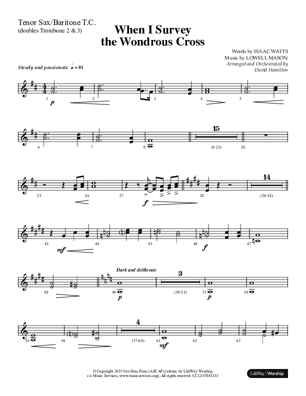 When I Survey The Wondrous Cross (Choral Anthem SATB) Tenor Sax/Baritone T.C. (Lifeway Choral / Arr. David Hamilton)