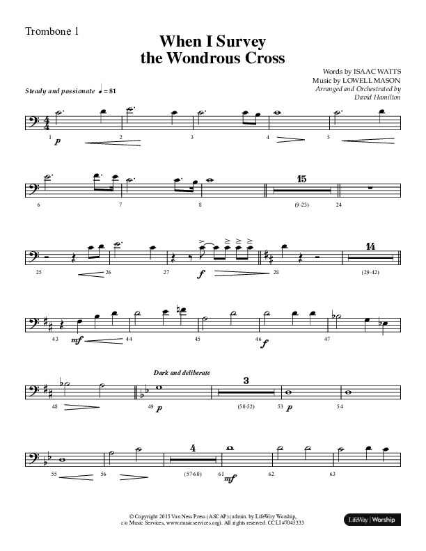 When I Survey The Wondrous Cross (Choral Anthem SATB) Trombone 1 (Lifeway Choral / Arr. David Hamilton)