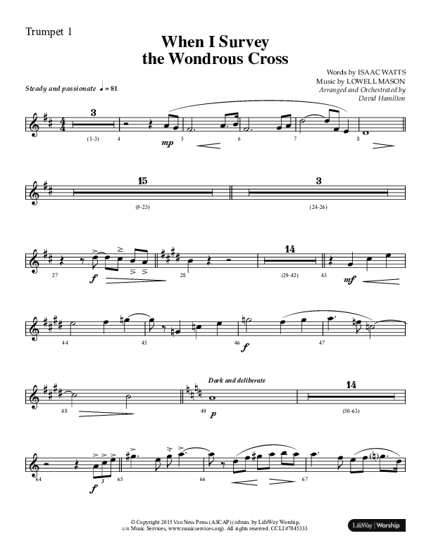 When I Survey The Wondrous Cross (Choral Anthem SATB) Trumpet 1 (Lifeway Choral / Arr. David Hamilton)