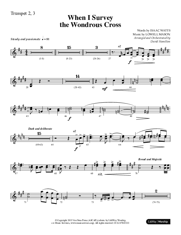 When I Survey The Wondrous Cross (Choral Anthem SATB) Trumpet 2/3 (Lifeway Choral / Arr. David Hamilton)