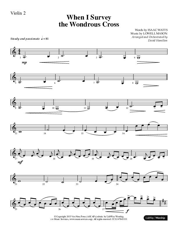 When I Survey The Wondrous Cross (Choral Anthem SATB) Violin 2 (Lifeway Choral / Arr. David Hamilton)