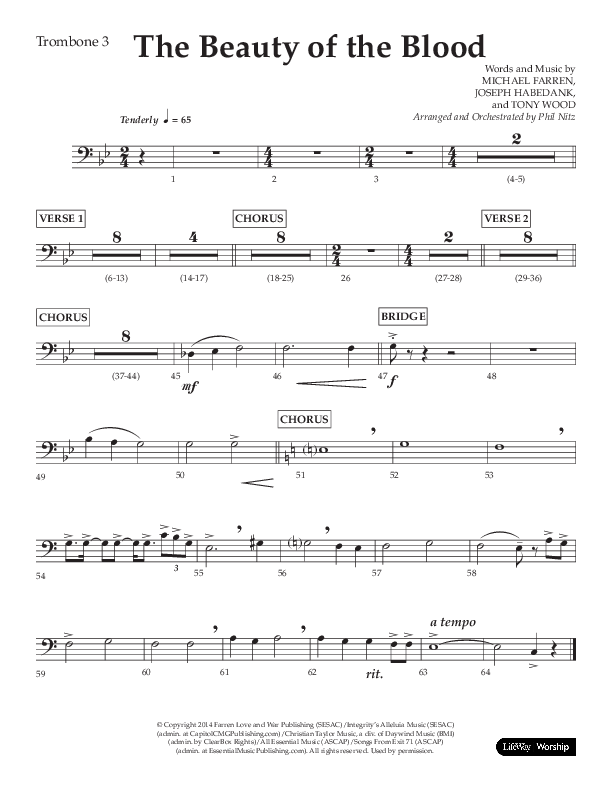The Beauty Of The Blood (Choral Anthem SATB) Trombone 3 (Lifeway Choral / Arr. Phil Nitz)