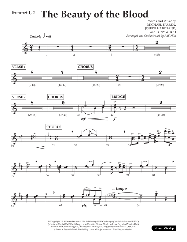 The Beauty Of The Blood (Choral Anthem SATB) Trumpet 1,2 (Lifeway Choral / Arr. Phil Nitz)