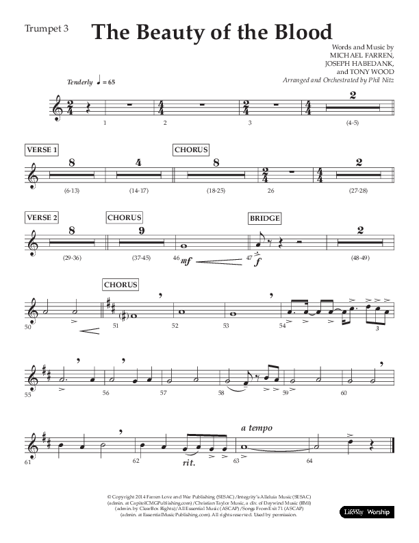 The Beauty Of The Blood (Choral Anthem SATB) Trumpet 3 (Lifeway Choral / Arr. Phil Nitz)