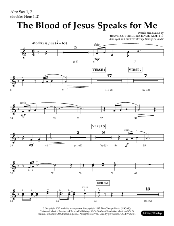 The Blood Of Jesus Speaks For Me (Choral Anthem SATB) Alto Sax 1/2 (Lifeway Choral / Arr. Danny Zaloudik)