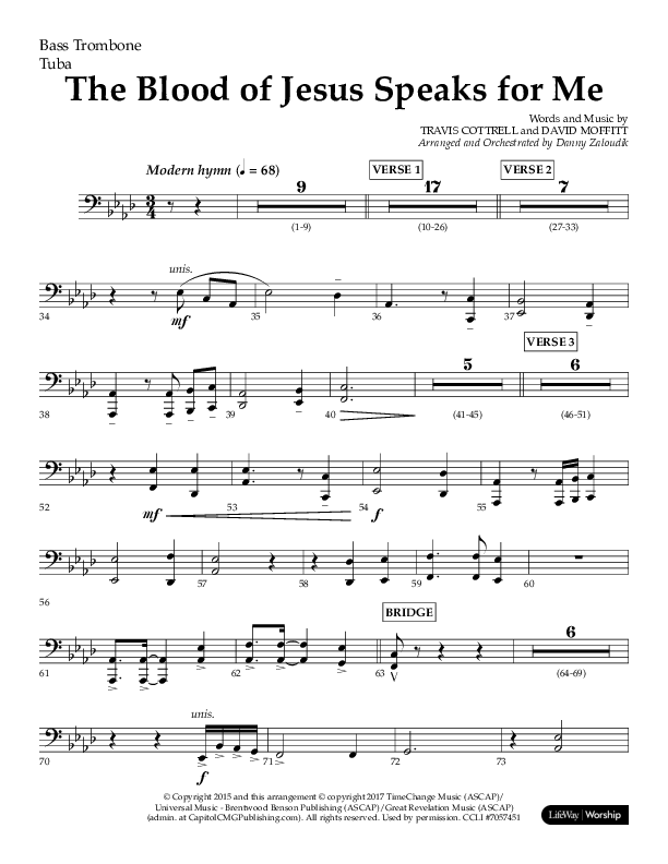The Blood Of Jesus Speaks For Me (Choral Anthem SATB) Bass Trombone, Tuba (Lifeway Choral / Arr. Danny Zaloudik)