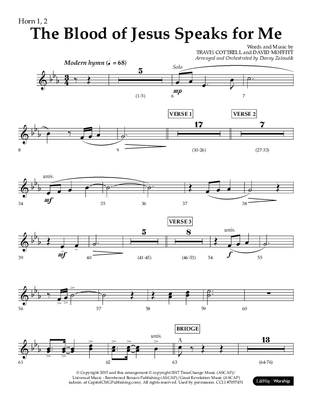 The Blood Of Jesus Speaks For Me (Choral Anthem SATB) French Horn 1/2 (Lifeway Choral / Arr. Danny Zaloudik)