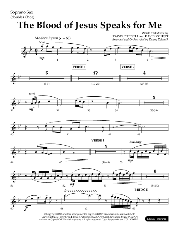 The Blood Of Jesus Speaks For Me (Choral Anthem SATB) Soprano Sax (Lifeway Choral / Arr. Danny Zaloudik)