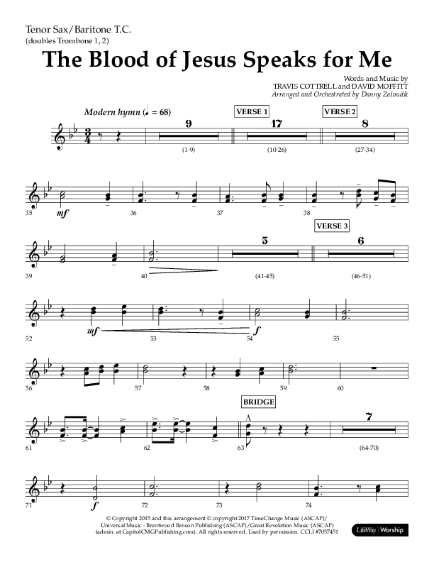 The Blood Of Jesus Speaks For Me (Choral Anthem SATB) Tenor Sax/Baritone T.C. (Lifeway Choral / Arr. Danny Zaloudik)