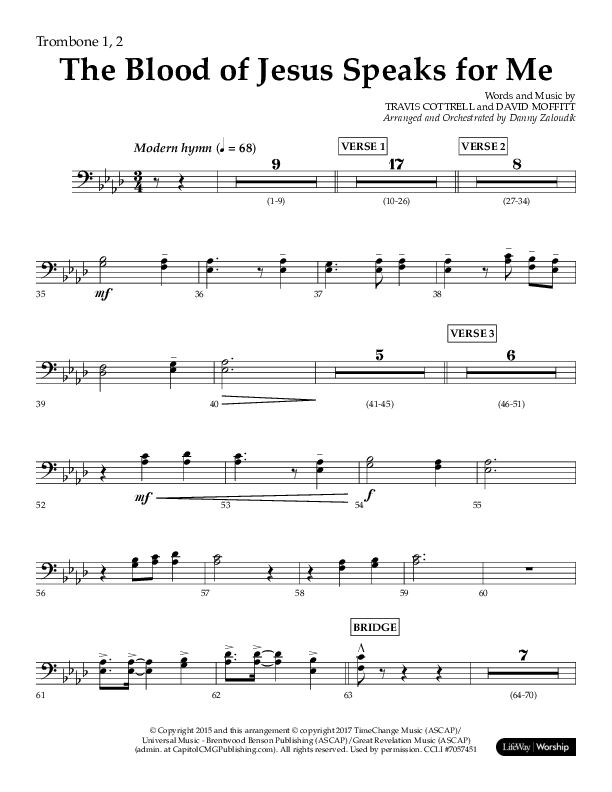 The Blood Of Jesus Speaks For Me (Choral Anthem SATB) Trombone 1/2 (Lifeway Choral / Arr. Danny Zaloudik)