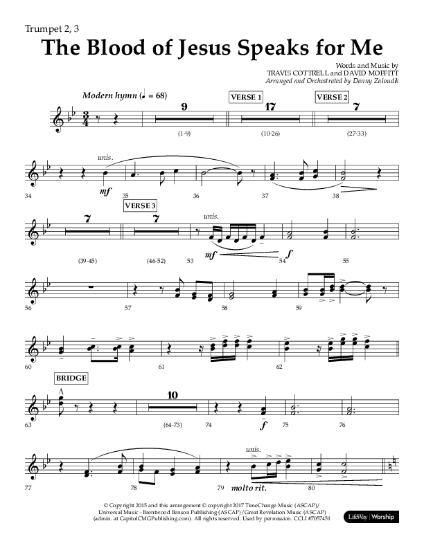 The Blood Of Jesus Speaks For Me (Choral Anthem SATB) Trumpet 2/3 (Lifeway Choral / Arr. Danny Zaloudik)