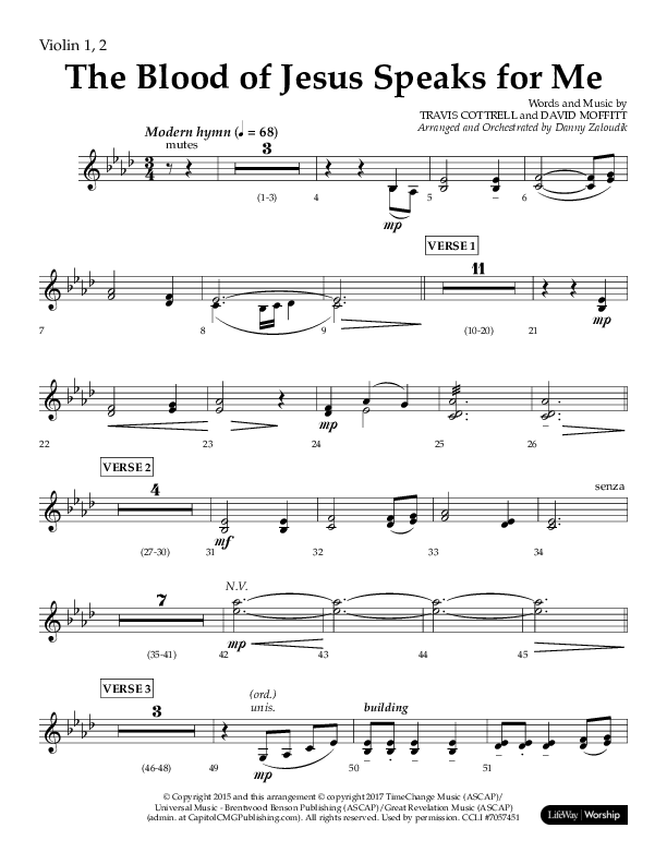 The Blood Of Jesus Speaks For Me (Choral Anthem SATB) Violin 1/2 (Lifeway Choral / Arr. Danny Zaloudik)