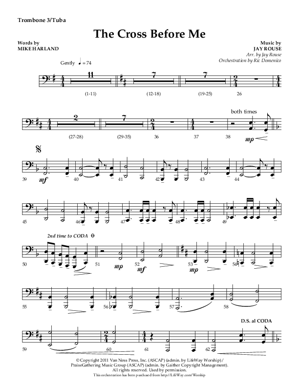 The Cross Before Me (Choral Anthem SATB) Trombone 3/Tuba (Lifeway Choral / Arr. Jay Rouse / Orch. Ric Domenico)
