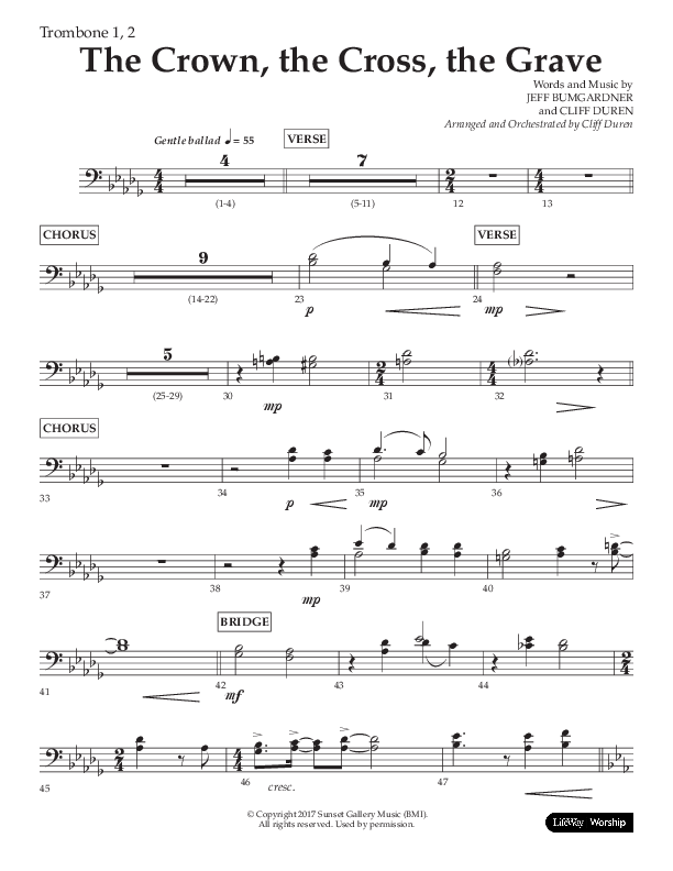 The Crown The Cross The Grave (Choral Anthem SATB) Trombone 1/2 (Lifeway Choral / Arr. Cliff Duren)