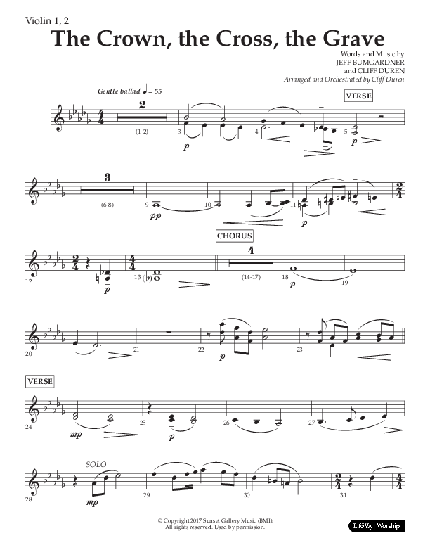The Crown The Cross The Grave (Choral Anthem SATB) Violin 1/2 (Lifeway Choral / Arr. Cliff Duren)