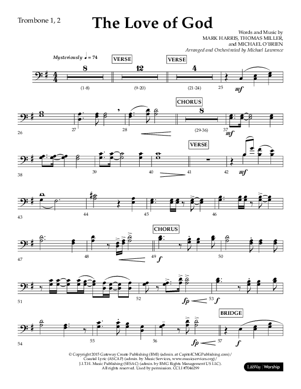 The Love Of God (Choral Anthem SATB) Trombone 1/2 (Lifeway Choral / Arr. Michael Lawrence)