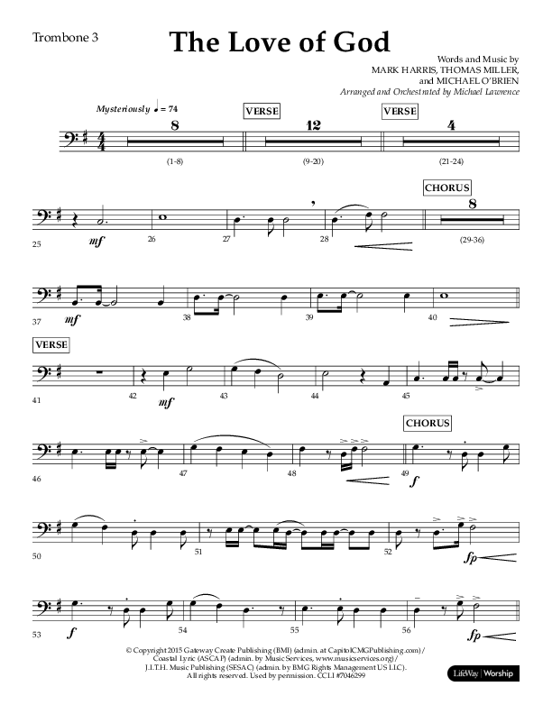 The Love Of God (Choral Anthem SATB) Trombone 3 (Lifeway Choral / Arr. Michael Lawrence)
