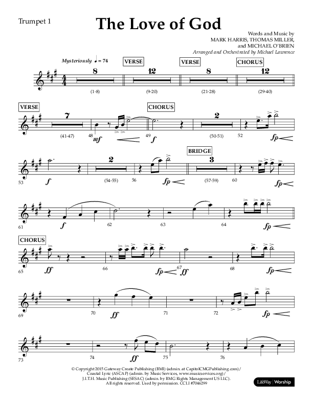 The Love Of God (Choral Anthem SATB) Trumpet 1 (Lifeway Choral / Arr. Michael Lawrence)
