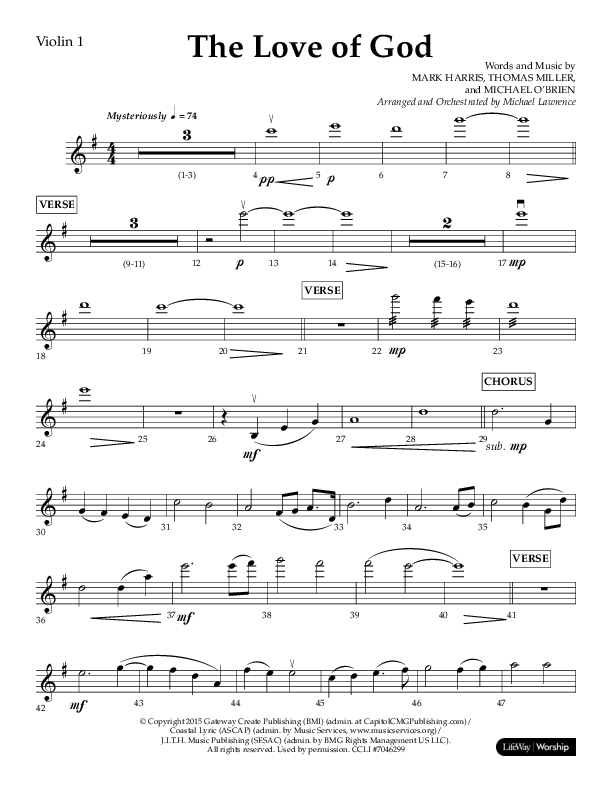 The Love Of God (Choral Anthem SATB) Violin 1 (Lifeway Choral / Arr. Michael Lawrence)