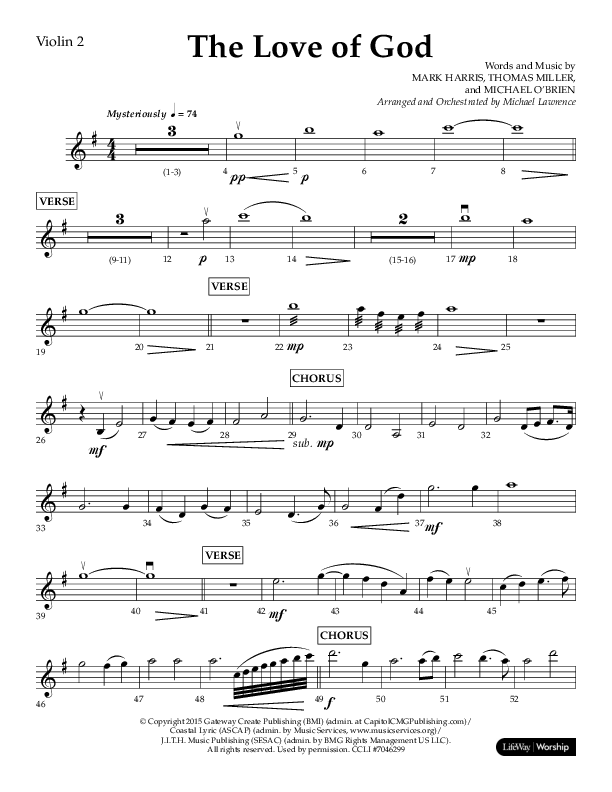 The Love Of God (Choral Anthem SATB) Violin 2 (Lifeway Choral / Arr. Michael Lawrence)