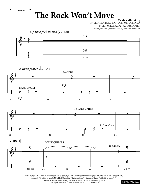The Rock Won't Move (Choral Anthem SATB) Percussion 1/2 (Lifeway Choral / Arr. Danny Zaloudik)