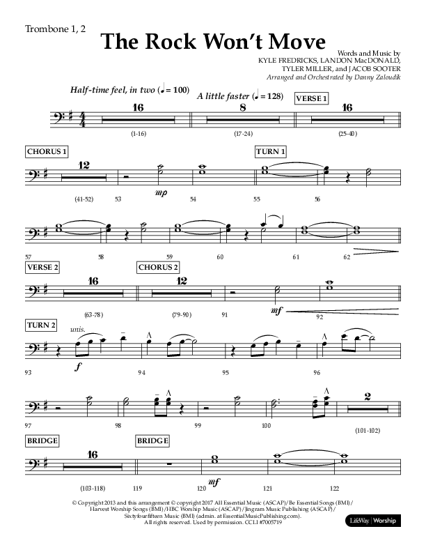 The Rock Won't Move (Choral Anthem SATB) Trombone 1/2 (Lifeway Choral / Arr. Danny Zaloudik)