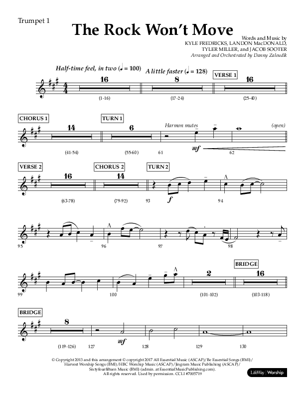 The Rock Won't Move (Choral Anthem SATB) Trumpet 1 (Lifeway Choral / Arr. Danny Zaloudik)