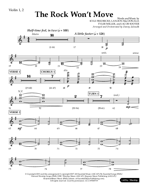 The Rock Won't Move (Choral Anthem SATB) Violin 1/2 (Lifeway Choral / Arr. Danny Zaloudik)