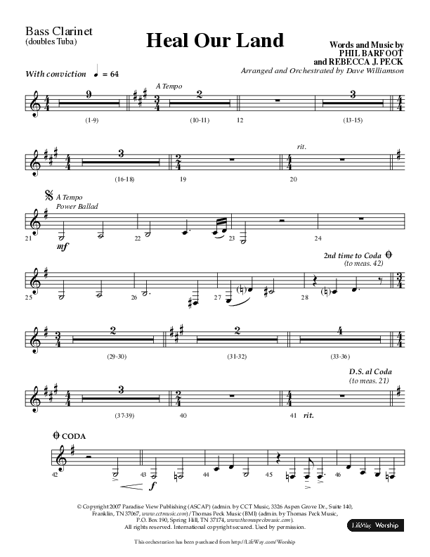Heal Our Land (Choral Anthem SATB) Bass Clarinet (Lifeway Choral / Arr. Dave Williamson)