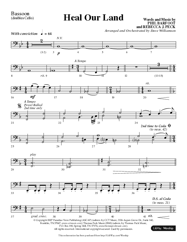 Heal Our Land (Choral Anthem SATB) Bassoon (Lifeway Choral / Arr. Dave Williamson)