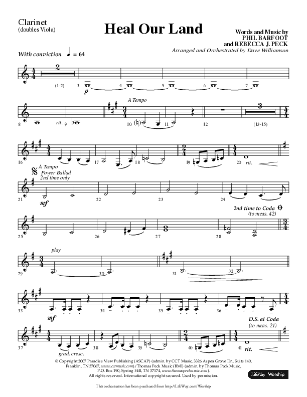 Heal Our Land (Choral Anthem SATB) Clarinet (Lifeway Choral / Arr. Dave Williamson)