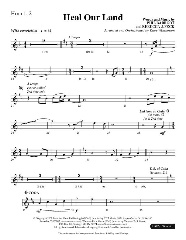 Heal Our Land (Choral Anthem SATB) French Horn 1/2 (Lifeway Choral / Arr. Dave Williamson)