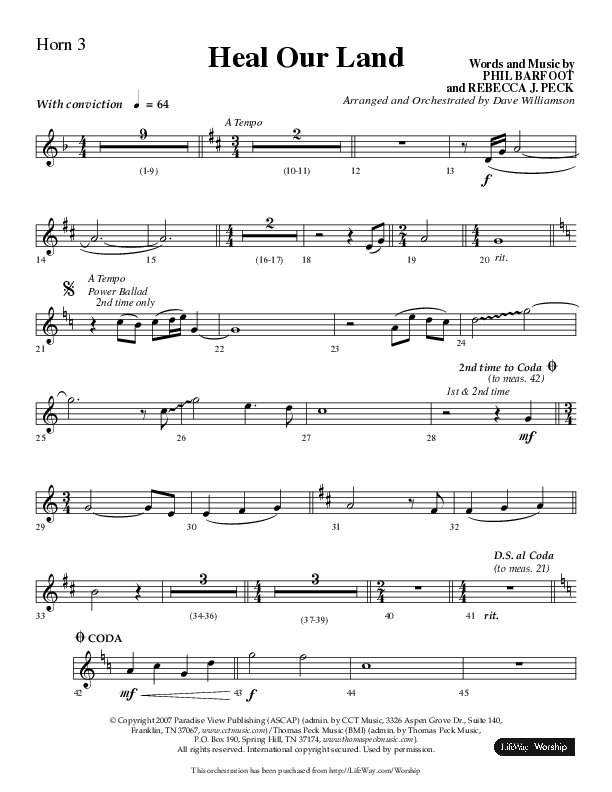 Heal Our Land (Choral Anthem SATB) French Horn 3 (Lifeway Choral / Arr. Dave Williamson)
