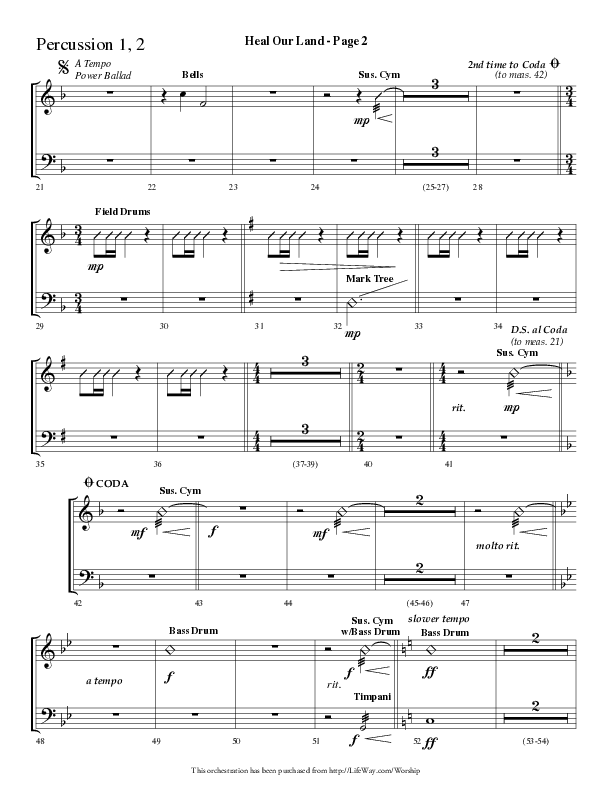 Heal Our Land (Choral Anthem SATB) Percussion 1/2 (Lifeway Choral / Arr. Dave Williamson)