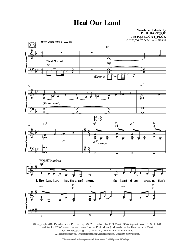 Heal Our Land (Choral Anthem SATB) Anthem (SATB/Piano) (Lifeway Choral / Arr. Dave Williamson)