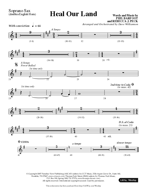 Heal Our Land (Choral Anthem SATB) Soprano Sax (Lifeway Choral / Arr. Dave Williamson)